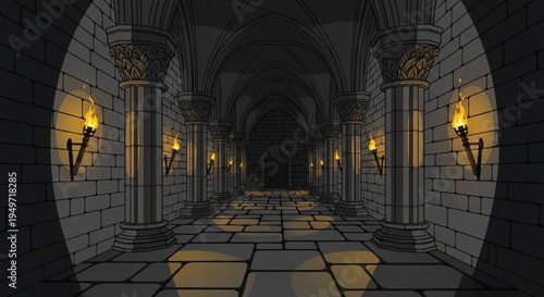 Dark medieval castle hallway with stone columns and torches on walls leading to a distant archway
