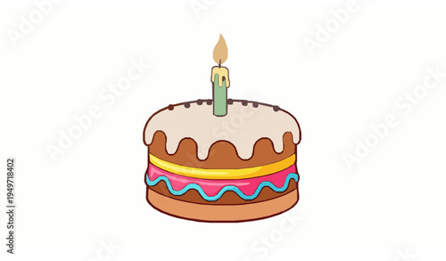 Cute cartoon birthday cake with candle vector party dessert illustration isolated on white