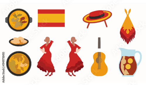 Spanish culture symbols vector set with paella flag flamenco dancers guitar and sangria isolated on white background