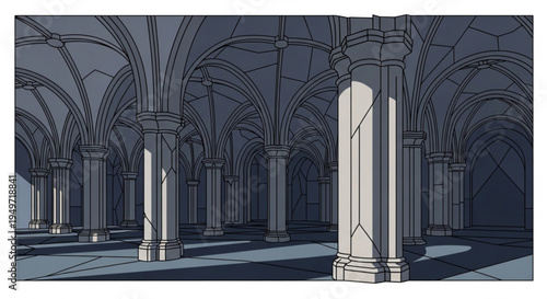 Gray stone columns in a large gothic style hall with arched ceilings and a sense of grandeur and history