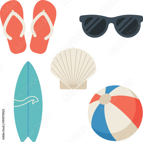 Colorful beach summer icons including flip flops sunglasses surfboard