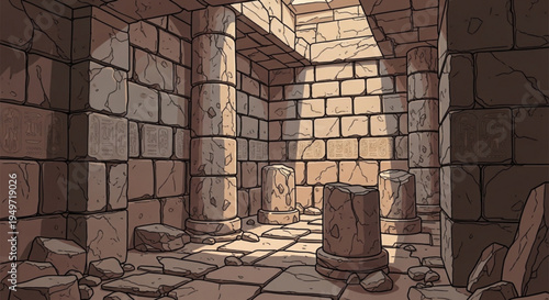 Abandoned ancient stone room with pillars and rubble on floor sunlight casting shadows