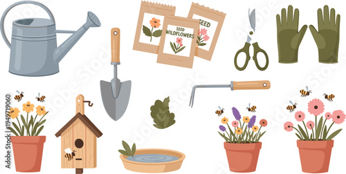 Gardening Kit with Watering Can, Flower Pots, Planting Tools, Seeds, and Bee-Friendly Garden Items for Floral Care