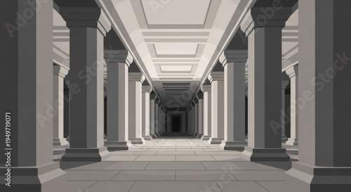 Long corridor with gray columns and tiled floor leading to a distant doorway in a classic architectural interior