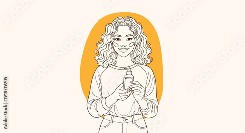 Line art woman holding skincare lotion pump bottle