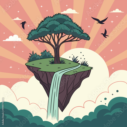 Fantasy Floating Island with Waterfall Above the Clouds at Sunset