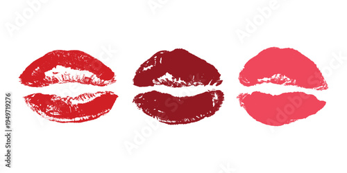 Set of lipstick kiss print Different shapes and colors imprint of lips Red pink female sexy lips makeup Design elements for beauty fashion poster Valentines Day wedding