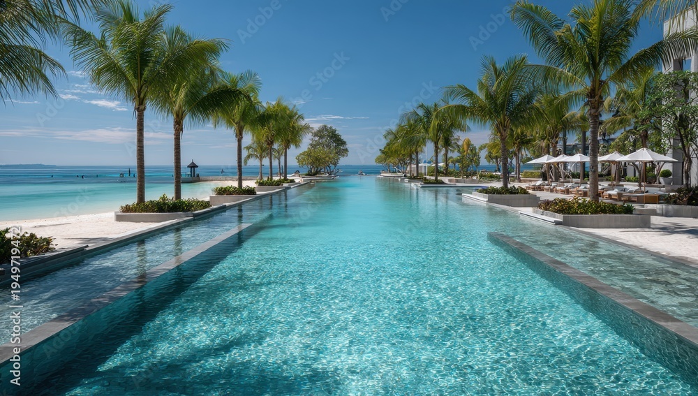 Fototapeta premium Serene Infinity Pool Oasis - Turquoise Waters, Palm Trees, Tropical Paradise.