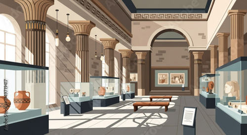 Interior of a museum gallery with ancient artifacts on display in glass cases columns and high ceilings daytime