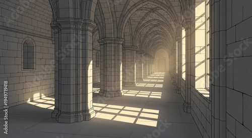 Interior of a historic stone corridor with arched ceiling and columns natural light through windows