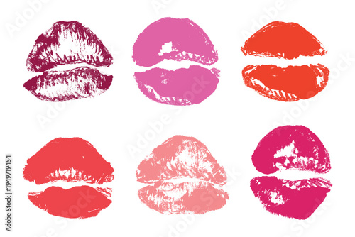 Set of lipstick kiss print Different shapes and colors imprint of lips Red pink female sexy lips makeup Design elements for beauty fashion poster Valentines Day wedding