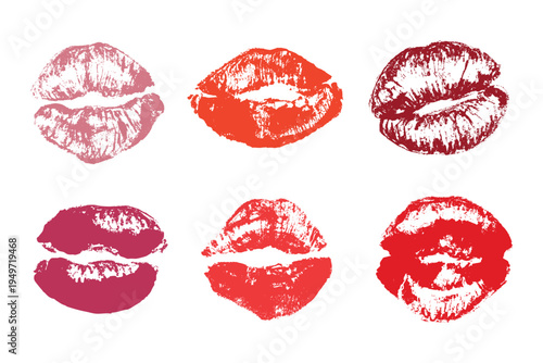 Set of lipstick kiss print Different shapes and colors imprint of lips Red pink female sexy lips makeup Design elements for beauty fashion poster Valentines Day wedding