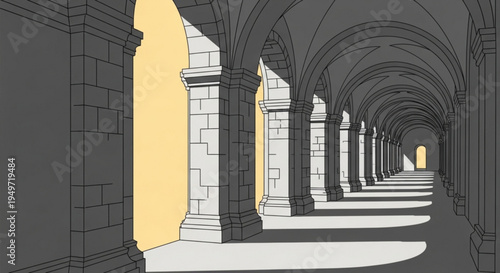 Long corridor with arches and columns in a historic building interior with yellow walls and gray stone pillars