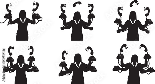 Black Solid Administrative Assistant Juggling Phones Silhouettes Set of Six on White Background