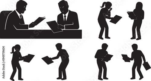 Black Solid Anxious Intern Handing Report Silhouettes Set of Six on White Background