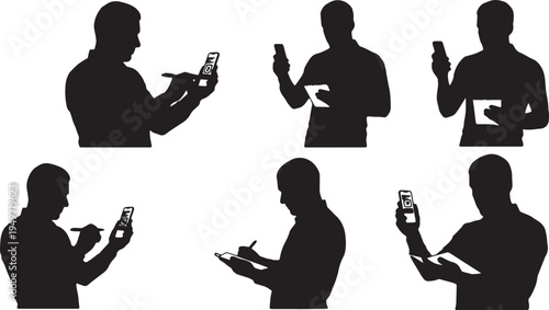 Black Solid App Creator Mobile Interface Test Silhouettes Set of Six on White Background