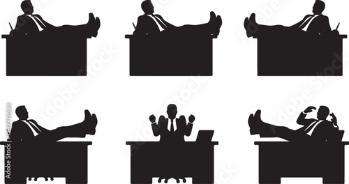 Black Solid Arrogant Boss Feet Up Silhouettes Set of Six on White Background