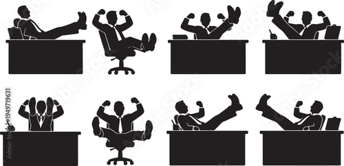 Black Solid Arrogant Boss Feet Up Silhouettes Set of Six on White Background
