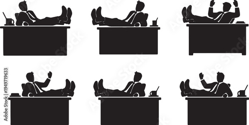 Black Solid Arrogant Boss Feet Up Silhouettes Set of Six on White Background