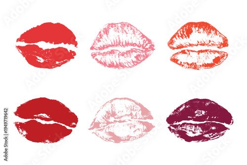 Set of lipstick kiss print Different shapes and colors imprint of lips Red pink female sexy lips makeup Design elements for beauty fashion poster Valentines Day wedding