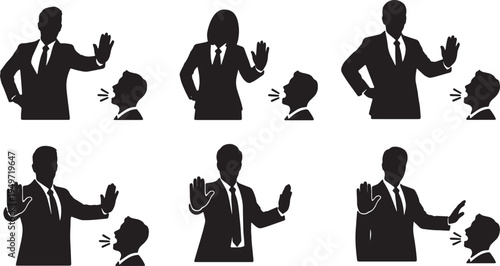 Black Solid Arrogant Leader Stopping Employee Silhouettes Set of Six on White Background