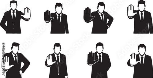 Black Solid Arrogant Leader Stopping Employee Silhouettes Set of Six on White Background