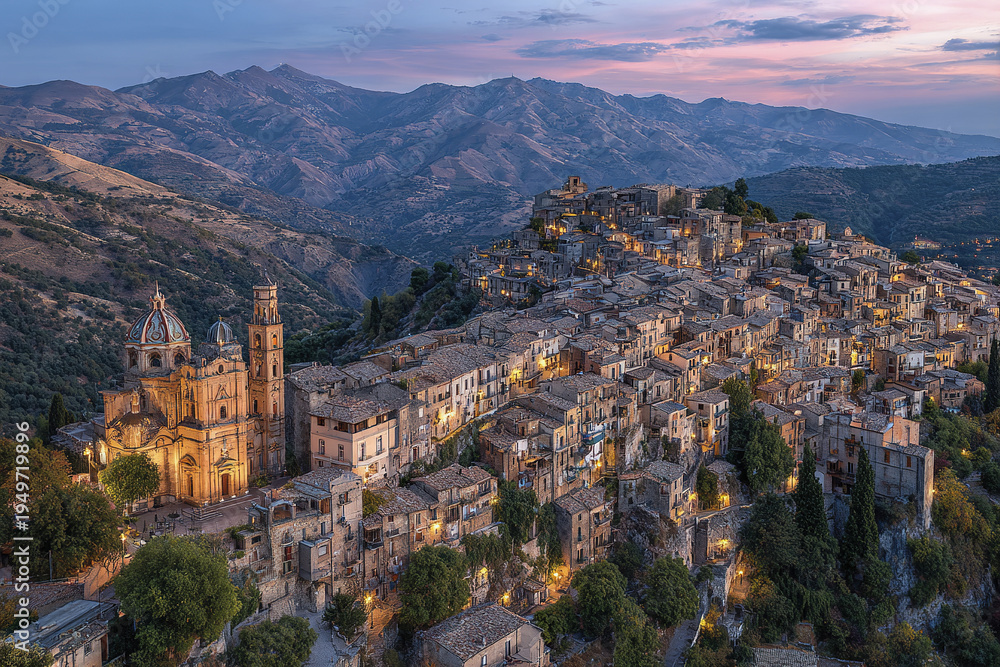 Obraz premium Medieval hillside town with stone buildings and illuminated church at dusk surrounded by mountains under colorful sky creating peaceful and historic atmosphere