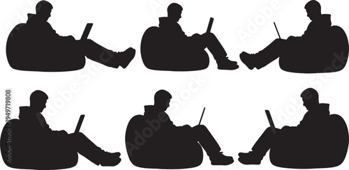 Black Solid Casual Coder Beanbag Laptop Silhouettes Set of Six on White Background