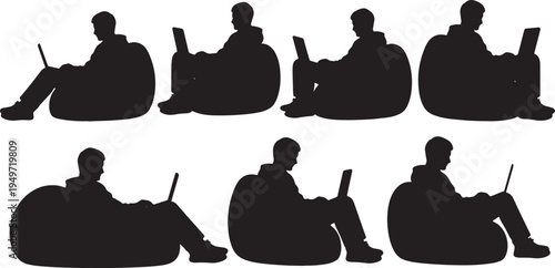 Black Solid Casual Coder Beanbag Laptop Silhouettes Set of Six on White Background