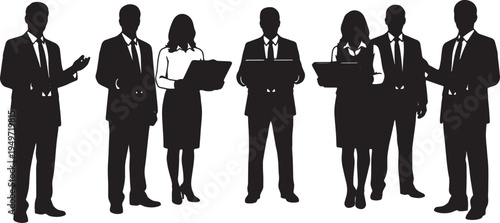 Black Solid Business Strategist Expansive Gesture Silhouettes Set of Six on White Background