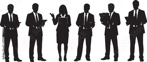 Black Solid Business Strategist Expansive Gesture Silhouettes Set of Six on White Background