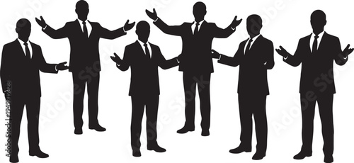 Black Solid Business Strategist Expansive Gesture Silhouettes Set of Six on White Background