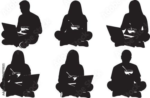 Black Solid Casual Freelancer Eating Cereal Laptop Silhouettes Set of Six on White Background