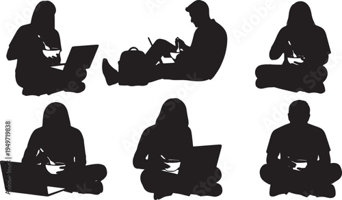 Black Solid Casual Freelancer Eating Cereal Laptop Silhouettes Set of Six on White Background