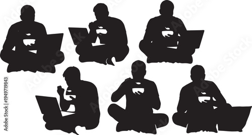 Black Solid Casual Freelancer Eating Cereal Laptop Silhouettes Set of Six on White Background