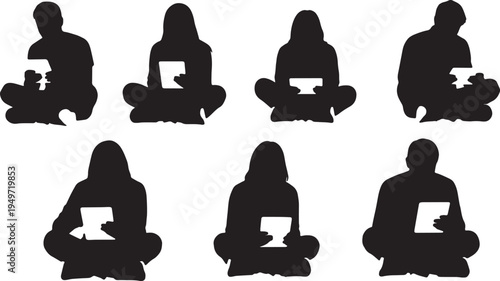 Black Solid Casual Freelancer Floor Tablet Silhouettes Set of Six on White Background