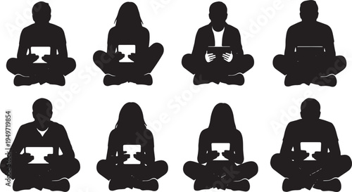 Black Solid Casual Freelancer Floor Tablet Silhouettes Set of Six on White Background