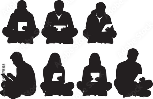 Black Solid Casual Freelancer Floor Tablet Silhouettes Set of Six on White Background