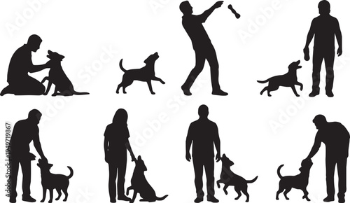 Black Solid Casual Manager Office Dog Fetch Silhouettes Set of Six on White Background
