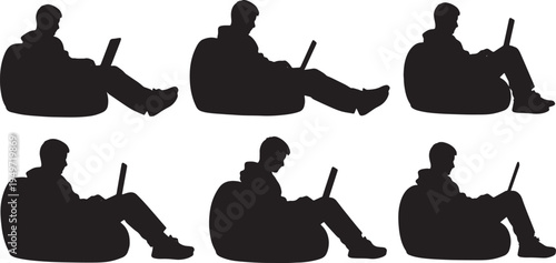 Black Solid Casual Coder Beanbag Laptop Silhouettes Set of Six on White Background