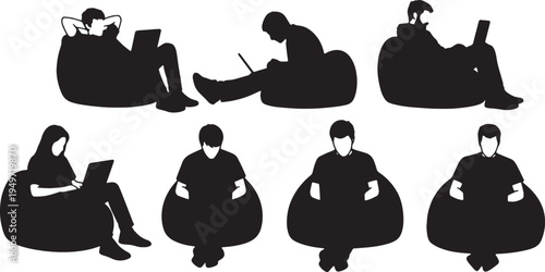 Black Solid Casual Coder Beanbag Laptop Silhouettes Set of Six on White Background