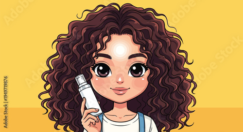 Cute cartoon girl with curly hair holding pump bottle
