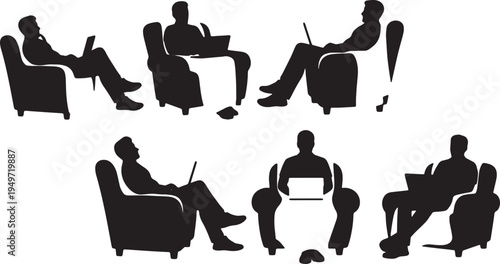 Black Solid Casual Remote Employee Armchair Blanket Laptop Silhouettes Set of Six on White Background