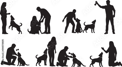 Black Solid Casual Manager Office Dog Fetch Silhouettes Set of Six on White Background