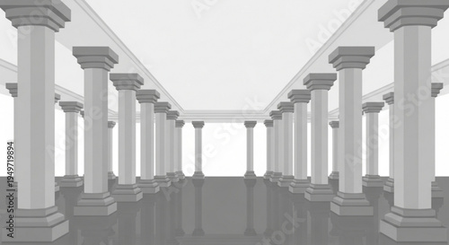 Gray ancient greek or roman style corridor with rows of columns leading to a bright background creating a sense of grandeur and elegance in architecture