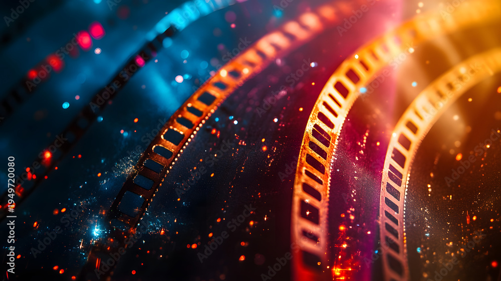 Retro cinematic film strip overlay with glowing light leaks and dust particles creating vintage movie background for cinema production and media design.