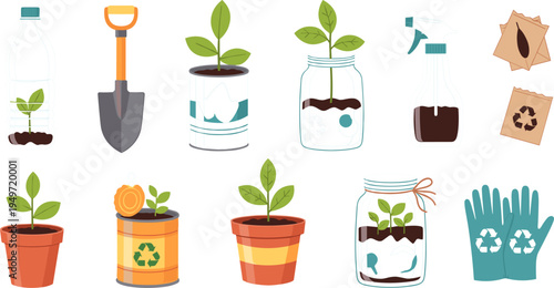 Eco-Friendly Planting Set with Recycled Containers, Watering Can, Gloves, Trowel, and Seed Packets for Sustainable Gardening