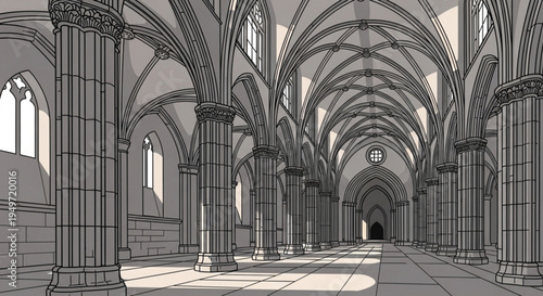 Interior of a gothic cathedral with arched columns and vaulted ceiling in a serene empty nave with natural light