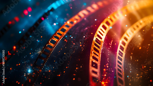 Retro cinematic film strip overlay with glowing light leaks and dust particles creating vintage movie background for cinema production and media design.