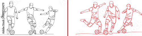 A dynamic vector set of male soccer players in action, featuring black line art of athletes dribbling and red minimalist line illustrations of players kicking and moving with a ball.